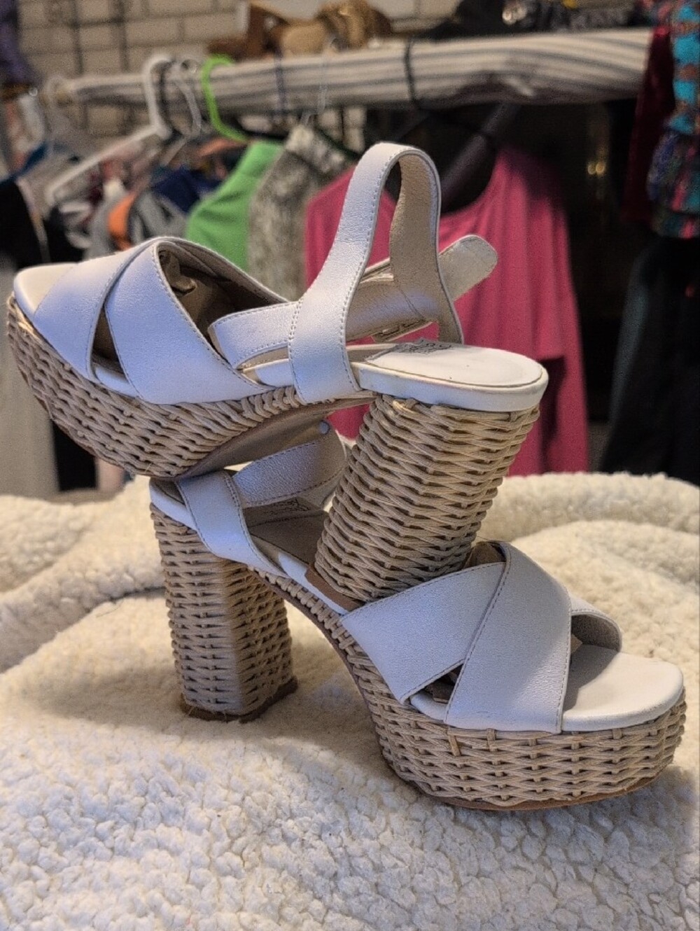 Jeffrey Campbell White Leather Wedge Sandals with Woven Platform - Picture 9 of 16